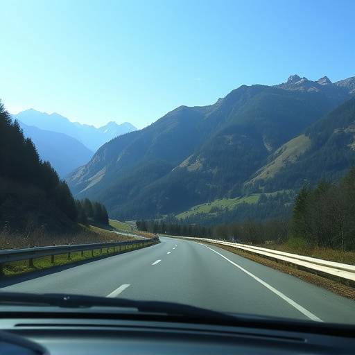 A scenic Swiss road with mountains in the background and a vignette sticker on the windshield